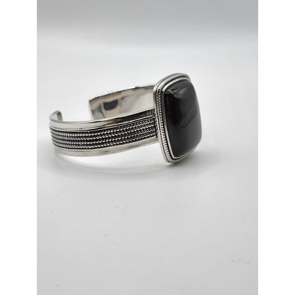 Sterling Silver, Rope-Edge, Bezel Set Black Chalcedony, Wide Cuff Bracelet 7" - Picture 4 of 11